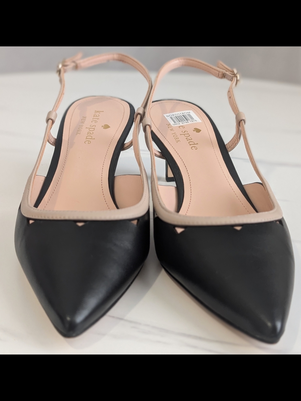 Kate Spade Veyda Slingback Kitten Heels Black Warm Beige Pointed Toe 8B NWOB